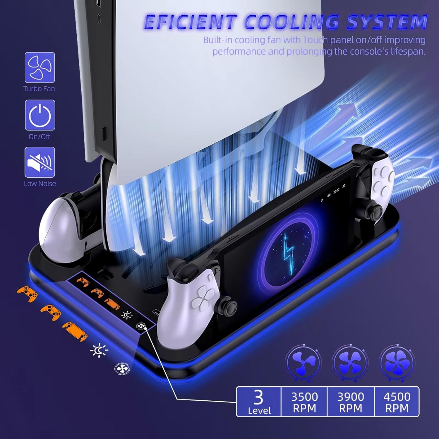 Base cargador ps5 slim ventilador turbo soporte vertical estacion carga controles ps portal luces rgb