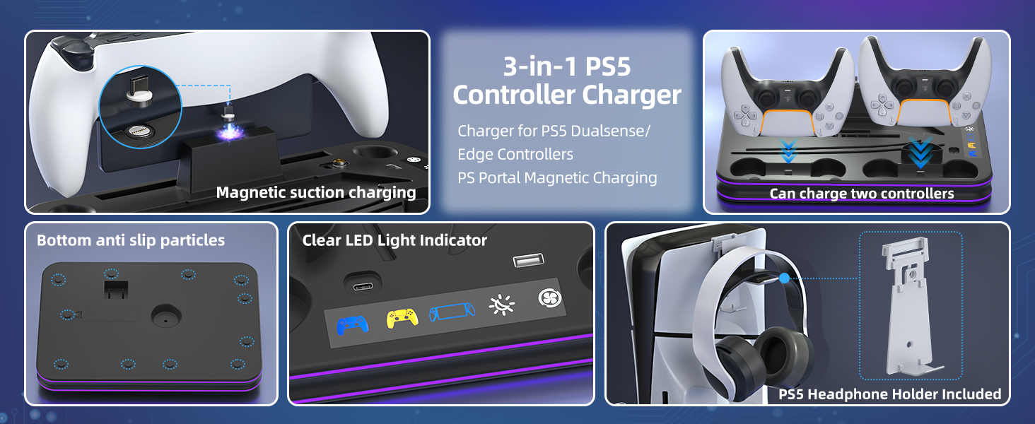 Base cargador ps5 slim ventilador turbo soporte vertical estacion carga controles ps portal luces rgb