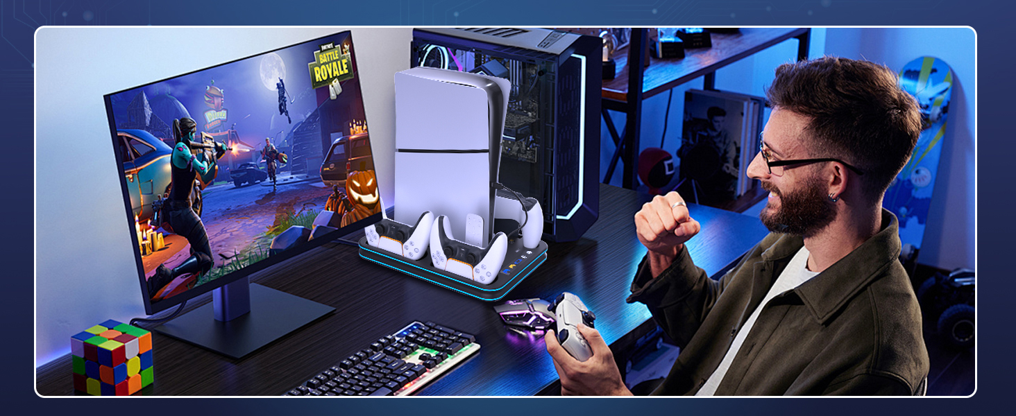 Base cargador ps5 slim ventilador turbo soporte vertical estacion carga controles ps portal luces rgb