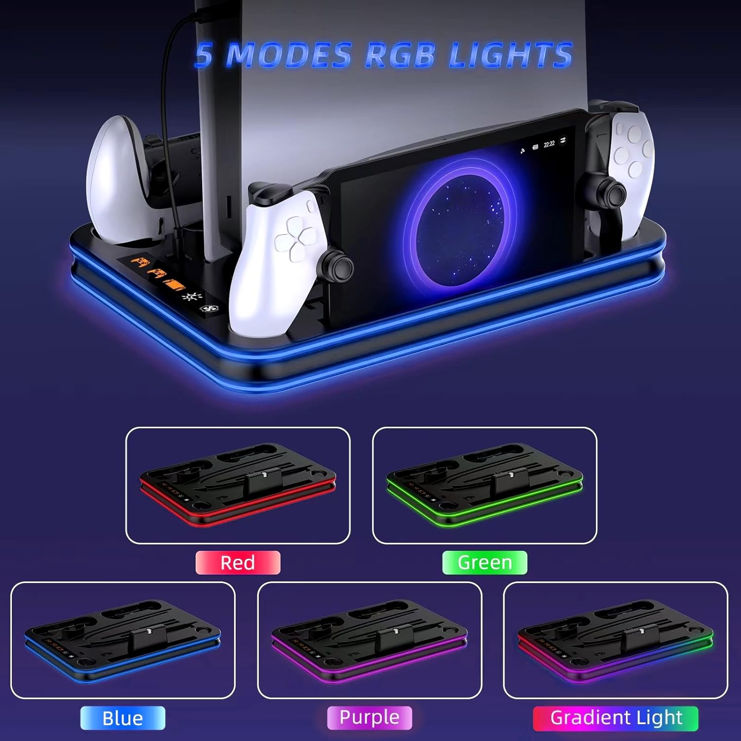 Base cargador ps5 slim ventilador turbo soporte vertical estacion carga controles ps portal luces rgb