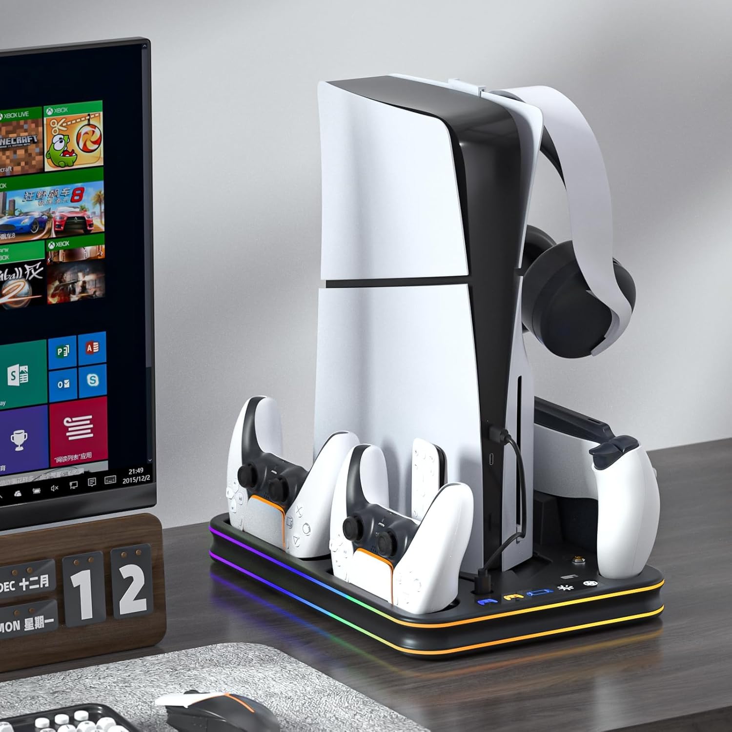 Base cargador ps5 slim ventilador turbo soporte vertical estacion carga controles ps portal luces rgb