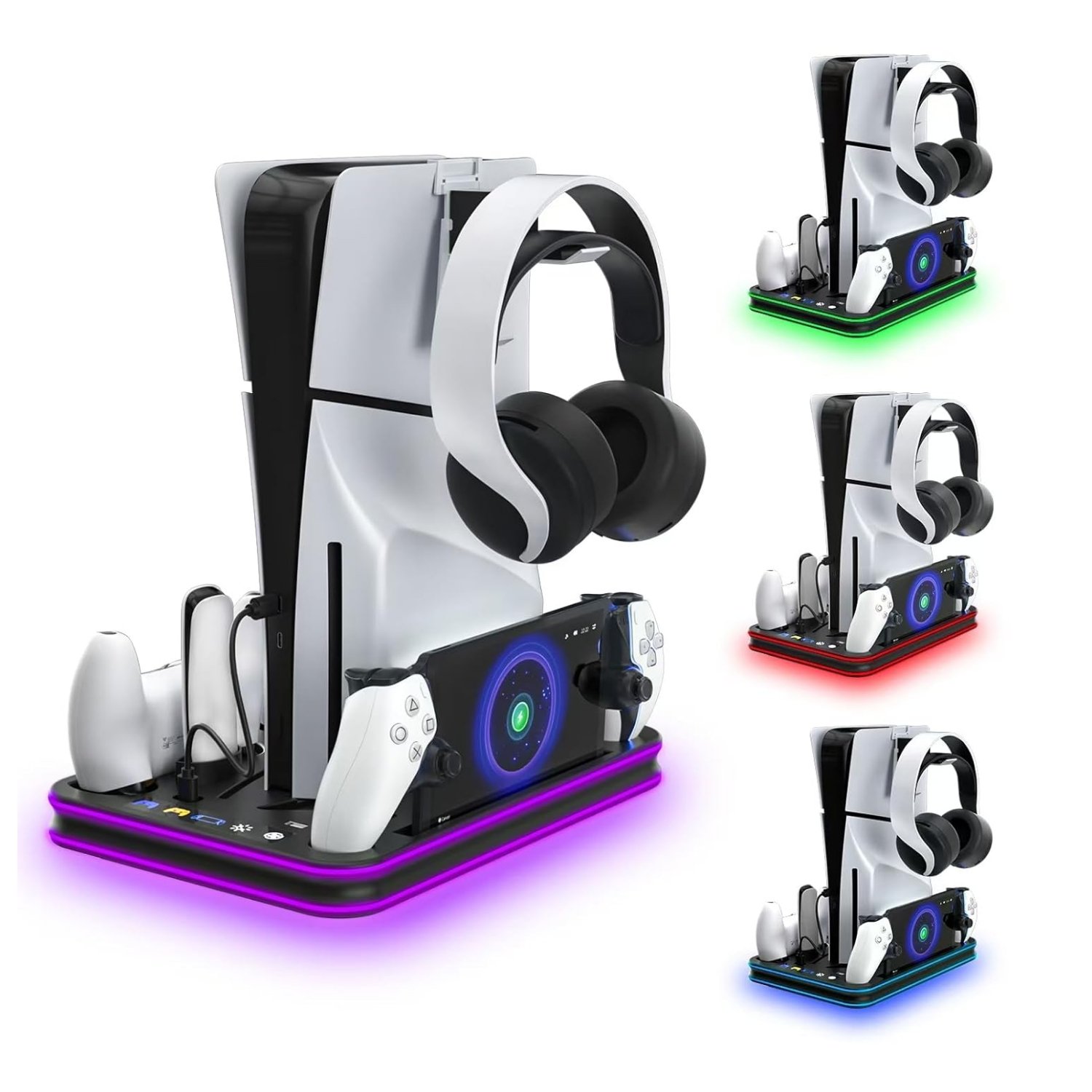 Base cargador ps5 slim ventilador turbo soporte vertical estacion carga controles ps portal luces rgb