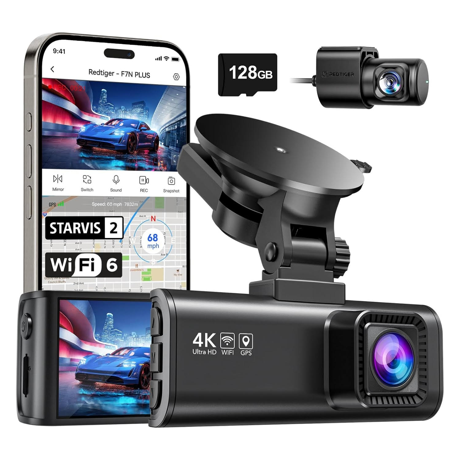 Camara de auto Redtiger 4k frontal y trasera con GPS WiFi y memoria gratis instalada