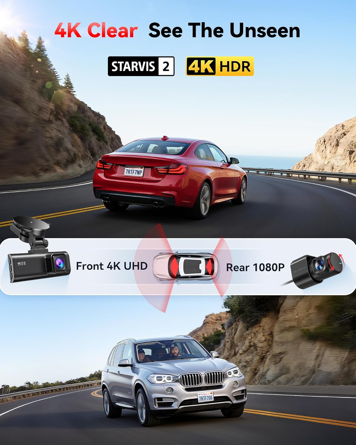 Camara de auto Redtiger 4k frontal y trasera con GPS WiFi y memoria gratis instalada