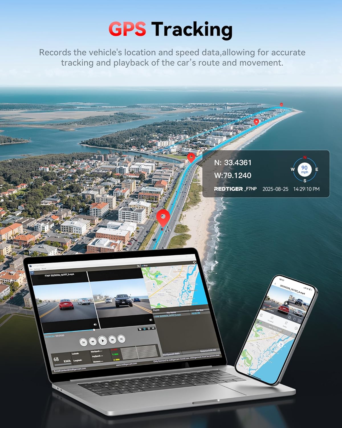 Camara de auto Redtiger 4k frontal y trasera con GPS WiFi y memoria gratis instalada