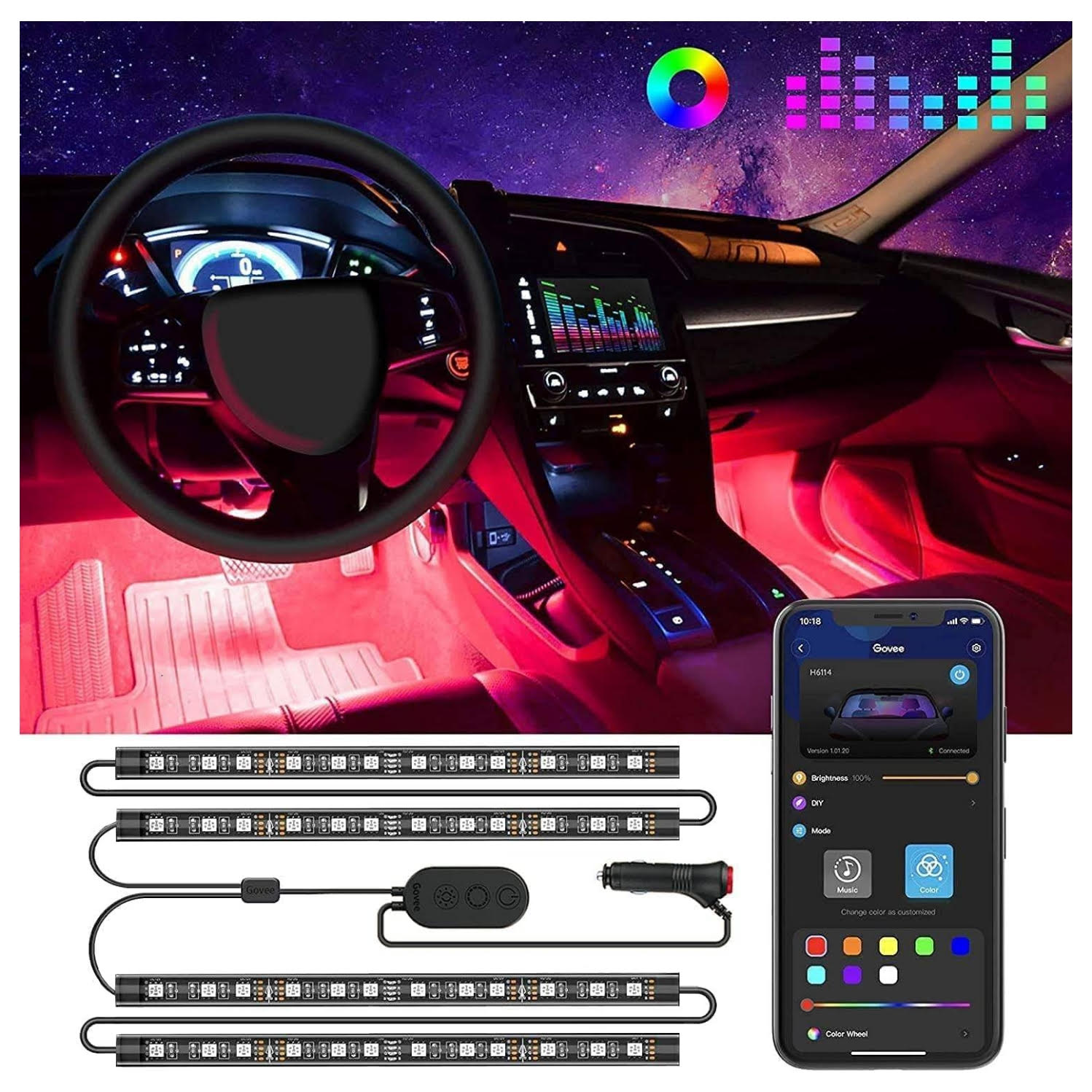Cinta de luces LED Govee para piso de auto iluminacion multicolor audioritmica