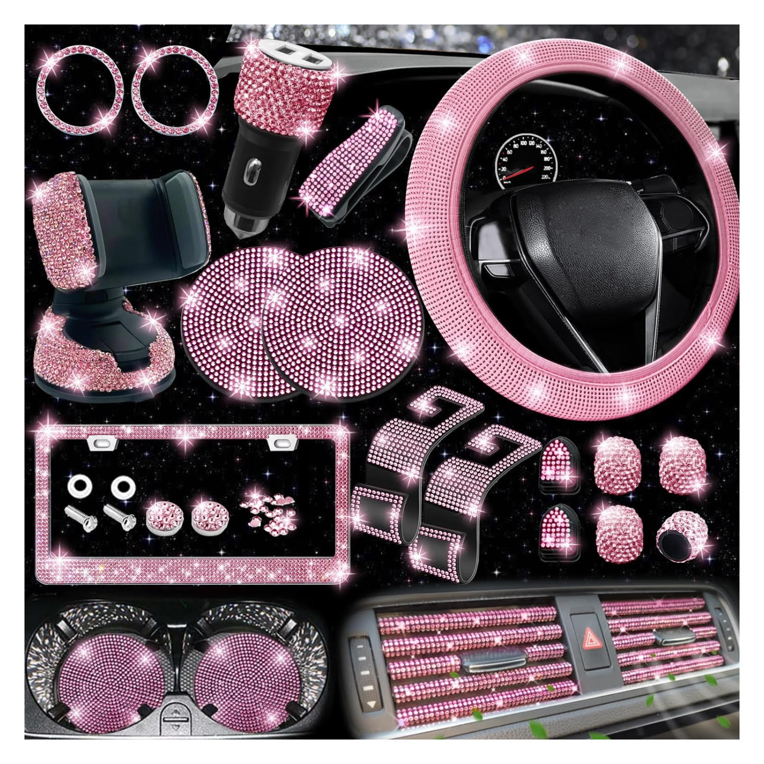 Set de 27 accesorios brillantes para auto con cubre volante y marco para patente