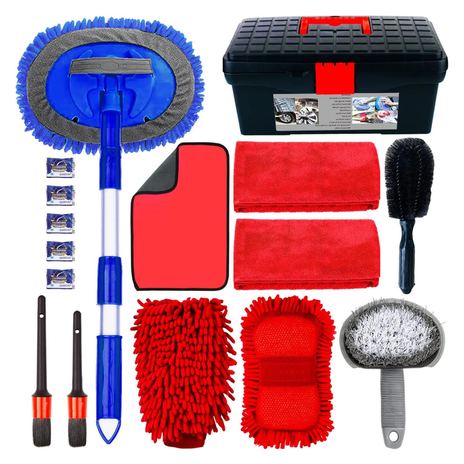 Kit de limpieza rojo para auto con caja organizadora trapeador 50 centimetros y toallas microfibra