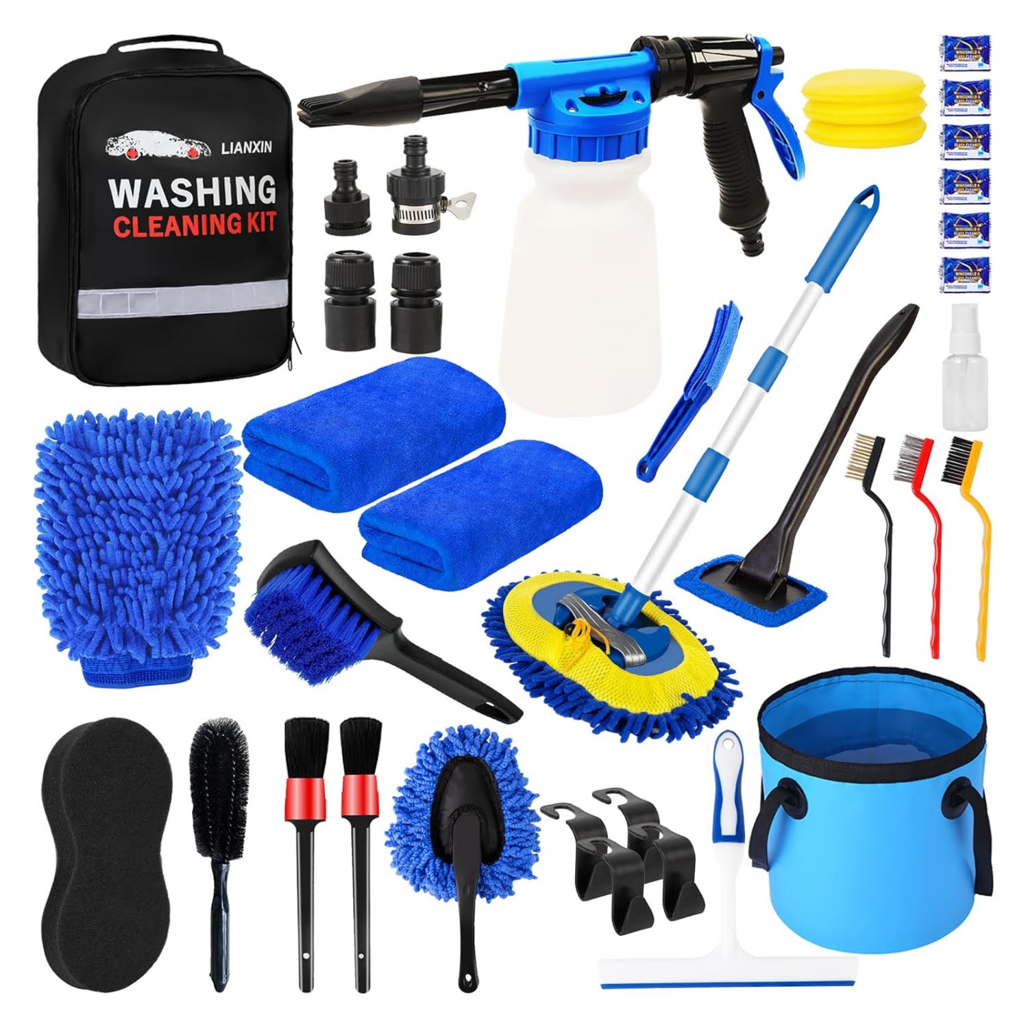 Kit de lavado para auto 40 piezas con pistola lanza espuma trapeador de 64 centimetros y balde plegable
