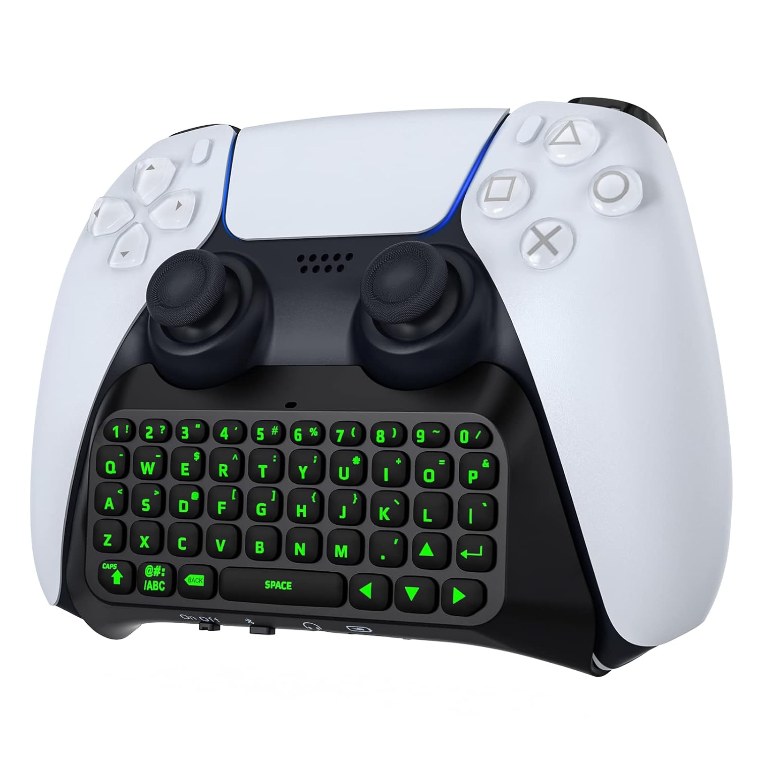 Mini teclado inalambrico bluetooth control ps5 joystick chatpad retroiluminado luz verde conector audifonos altavoz