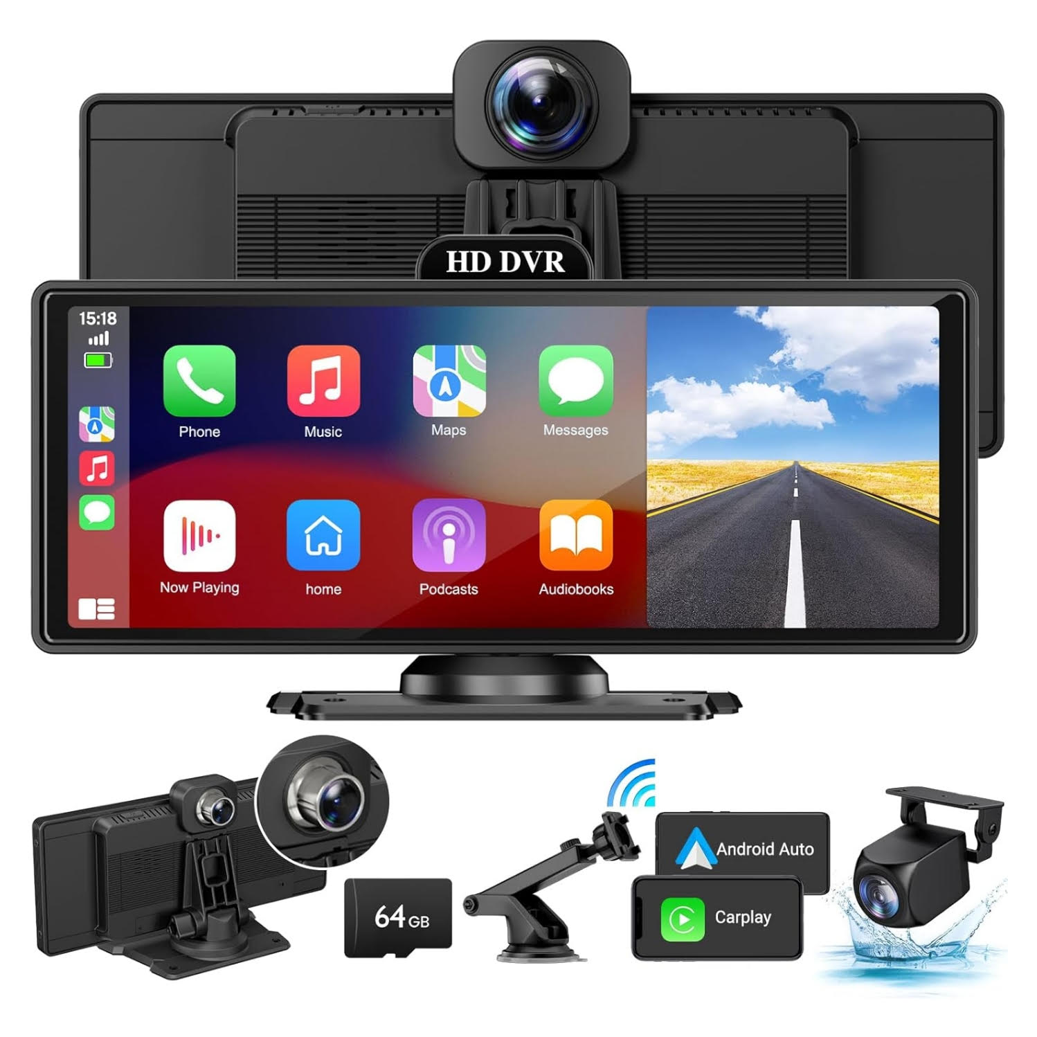 Pantalla tactil portatil de 26 centimetros para auto con Apple Carplay Android Auto y camara de retroceso