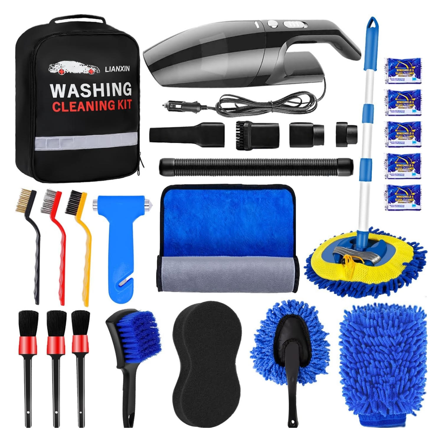 Kit de limpieza para auto 19 piezas con aspiradora potente trapeador 64 centimetros y toallas microfibra