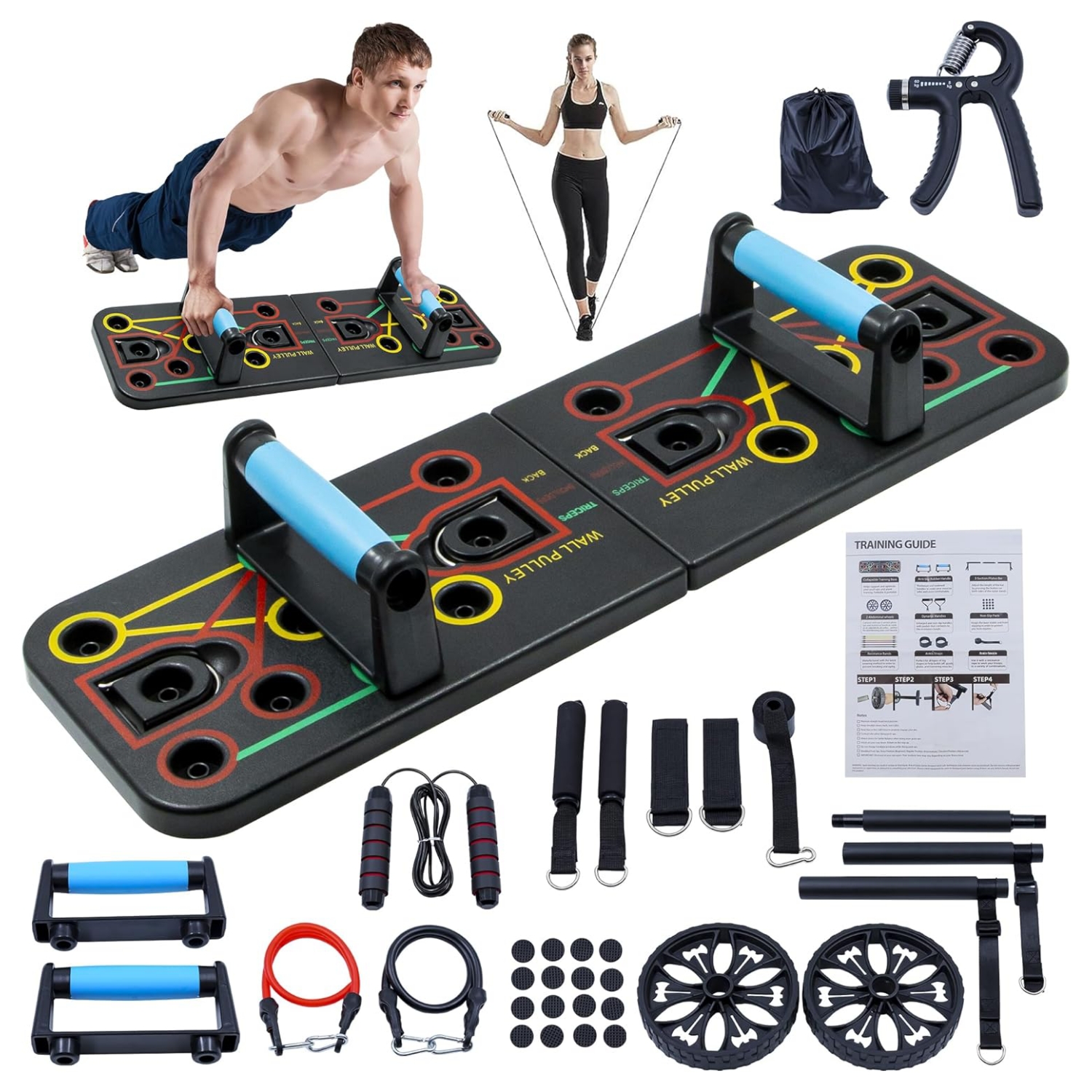 tabla de flexiones multifuncional home gym portatil kit bandas elasticas rueda abdominal barra pilates 20 accesorios chile