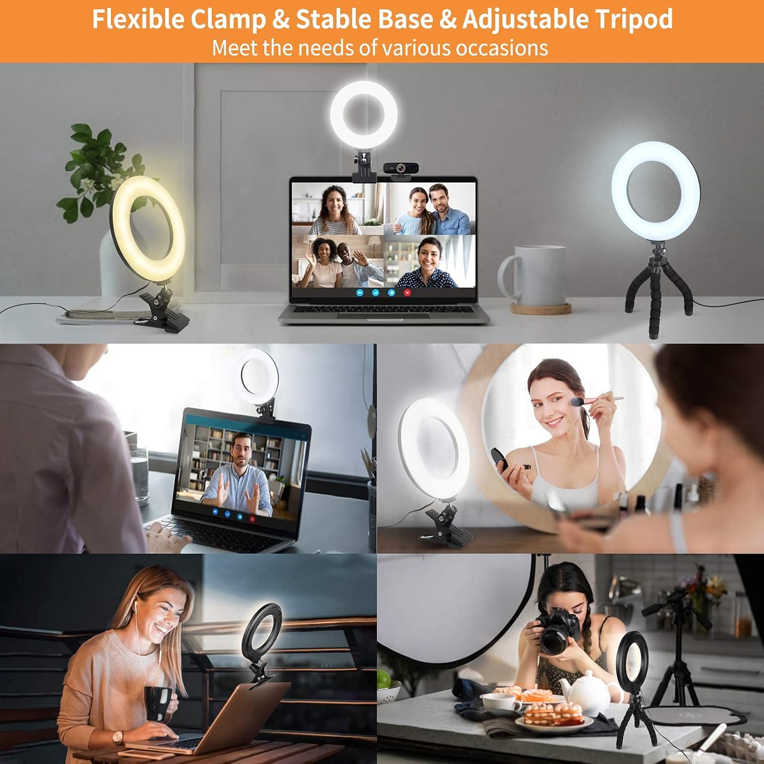 Aro de luz led para monitor y laptop con clip y tripode flexible para videoconferencias zoom en chile