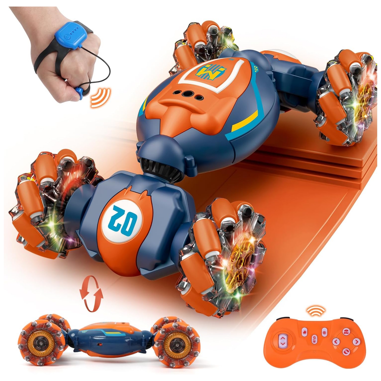 auto control remoto acrobacias sensor gestos mano 4x4 todo terreno giro 360 luces musica juguete niño 8 años regalo chile