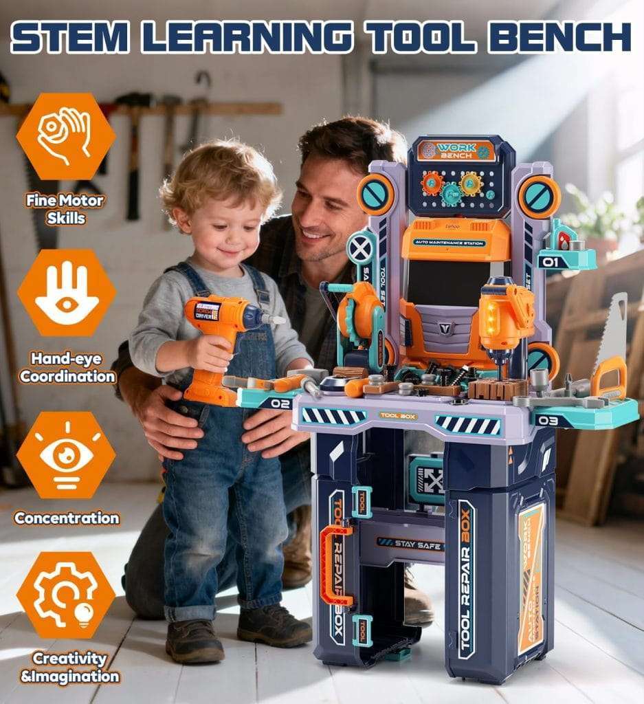 banco herramientas juguete niños 2 en 1 taller mecanico camion taladro electrico luz sonido regalo 3 años chile 83cm