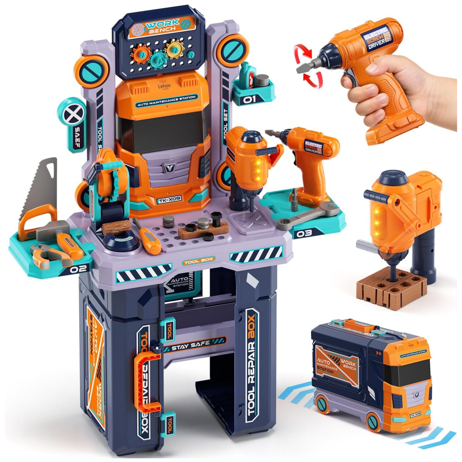 banco herramientas juguete niños 2 en 1 taller mecanico camion taladro electrico luz sonido regalo 3 años chile 83cm