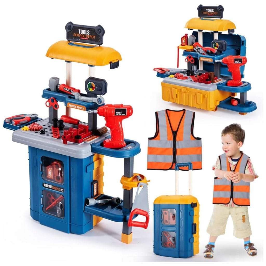 banco herramientas juguete 3 en 1 maleta niños taladro electrico disfraz ingeniero taller mecanico portatil regalo 2 años chile