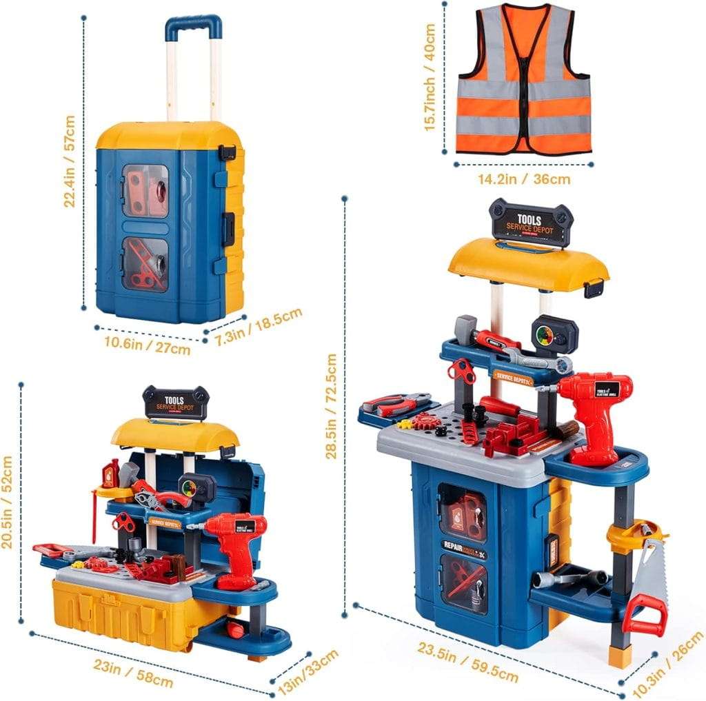 banco herramientas juguete 3 en 1 maleta niños taladro electrico disfraz ingeniero taller mecanico portatil regalo 2 años chile