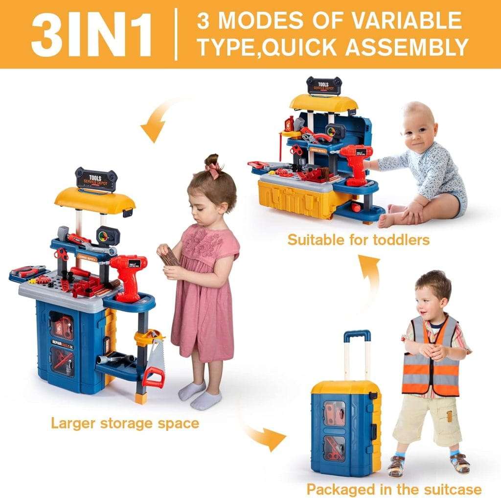 banco herramientas juguete 3 en 1 maleta niños taladro electrico disfraz ingeniero taller mecanico portatil regalo 2 años chile