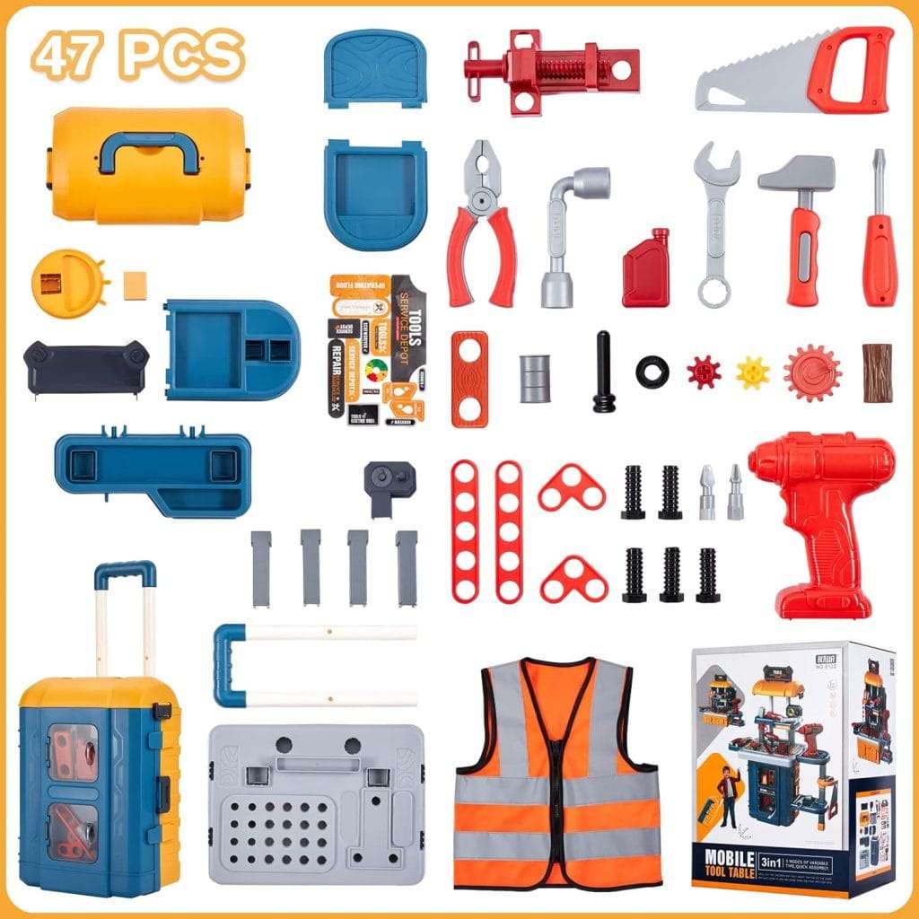 banco herramientas juguete 3 en 1 maleta niños taladro electrico disfraz ingeniero taller mecanico portatil regalo 2 años chile