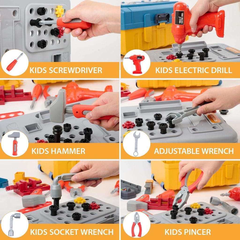 banco herramientas juguete 3 en 1 maleta niños taladro electrico disfraz ingeniero taller mecanico portatil regalo 2 años chile