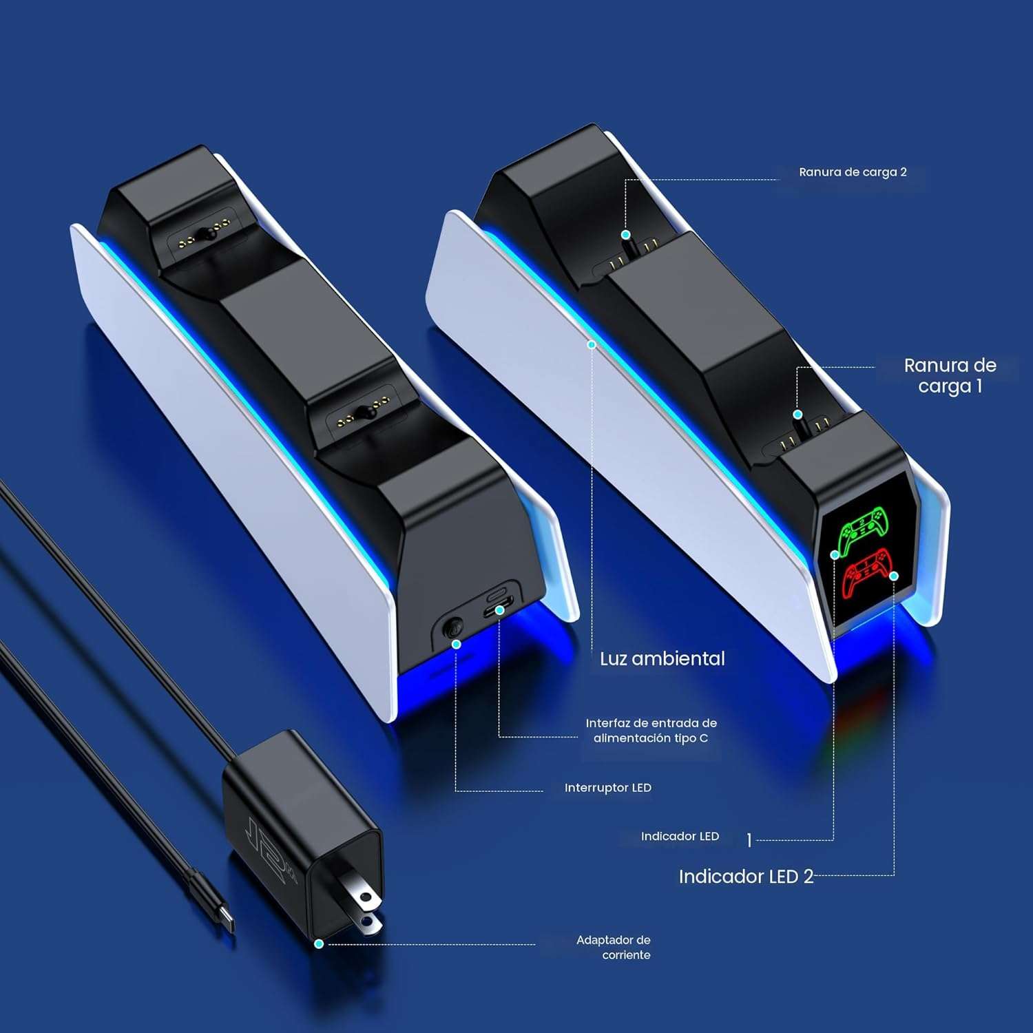 base cargador doble rapido para controles playstation 5 y dualsense edge con luces rgb ideal para gamers en chile
