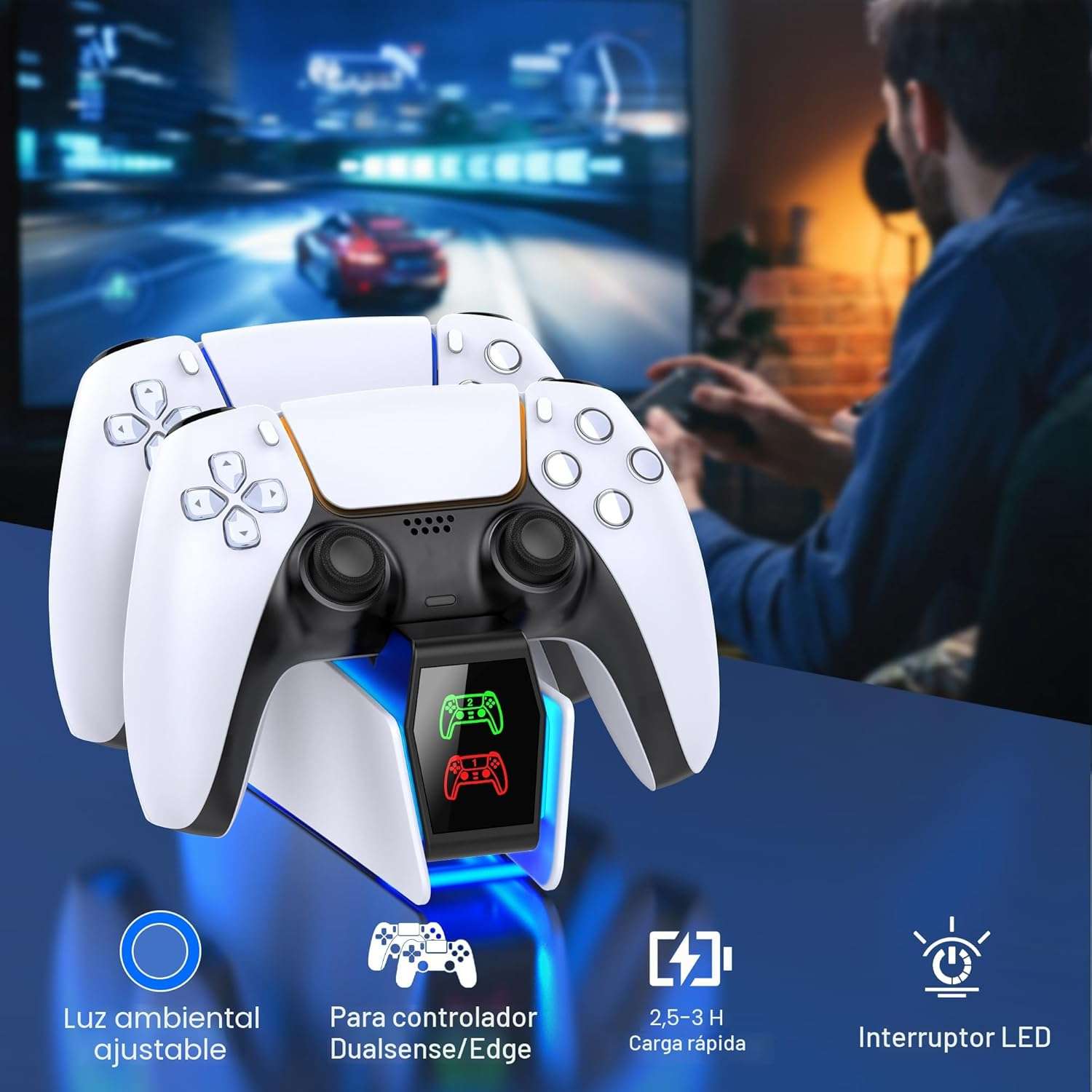 base cargador doble rapido para controles playstation 5 y dualsense edge con luces rgb ideal para gamers en chile