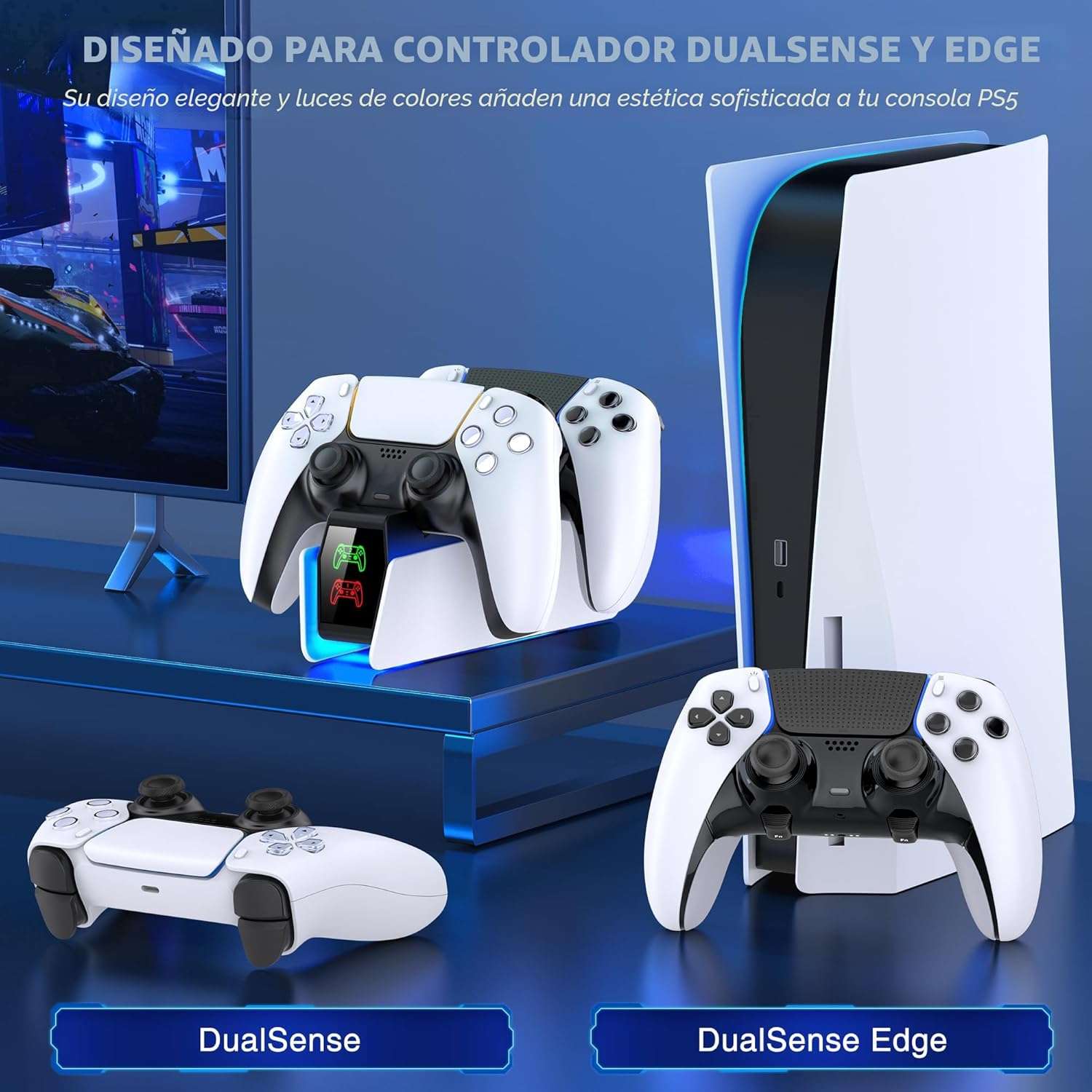 base cargador doble rapido para controles playstation 5 y dualsense edge con luces rgb ideal para gamers en chile