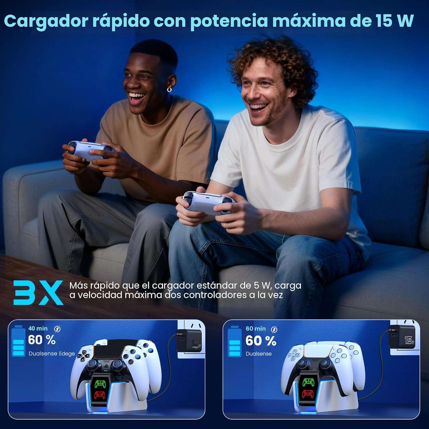 base cargador doble rapido para controles playstation 5 y dualsense edge con luces rgb ideal para gamers en chile