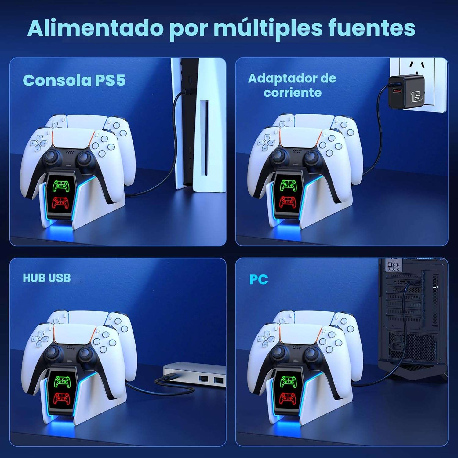 base cargador doble rapido para controles playstation 5 y dualsense edge con luces rgb ideal para gamers en chile