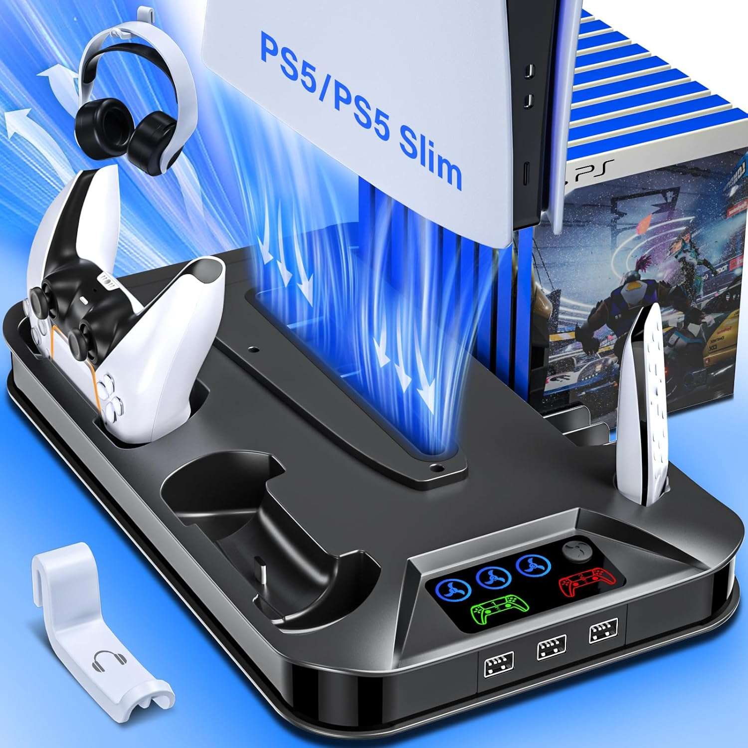 base soporte vertical con ventilador y cargador para consola playstation 5 slim y pro ideal para gamers en chile