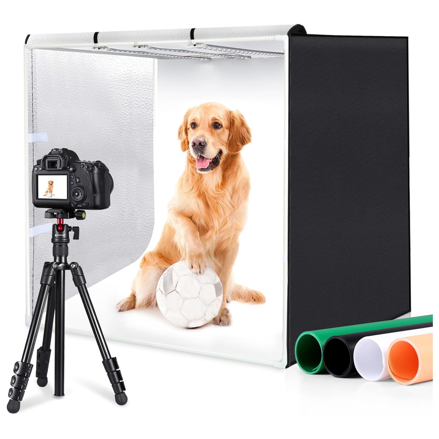 Caja de luz fotografia gigante 80x80 cm con 3 paneles led regulables y fondos pvc para productos grandes chile