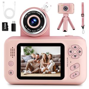 Cámara digital para niños con lente abatible de 180 grados para selfies y grabación de video HD incluye tarjeta de memoria de 32GB y trípode.