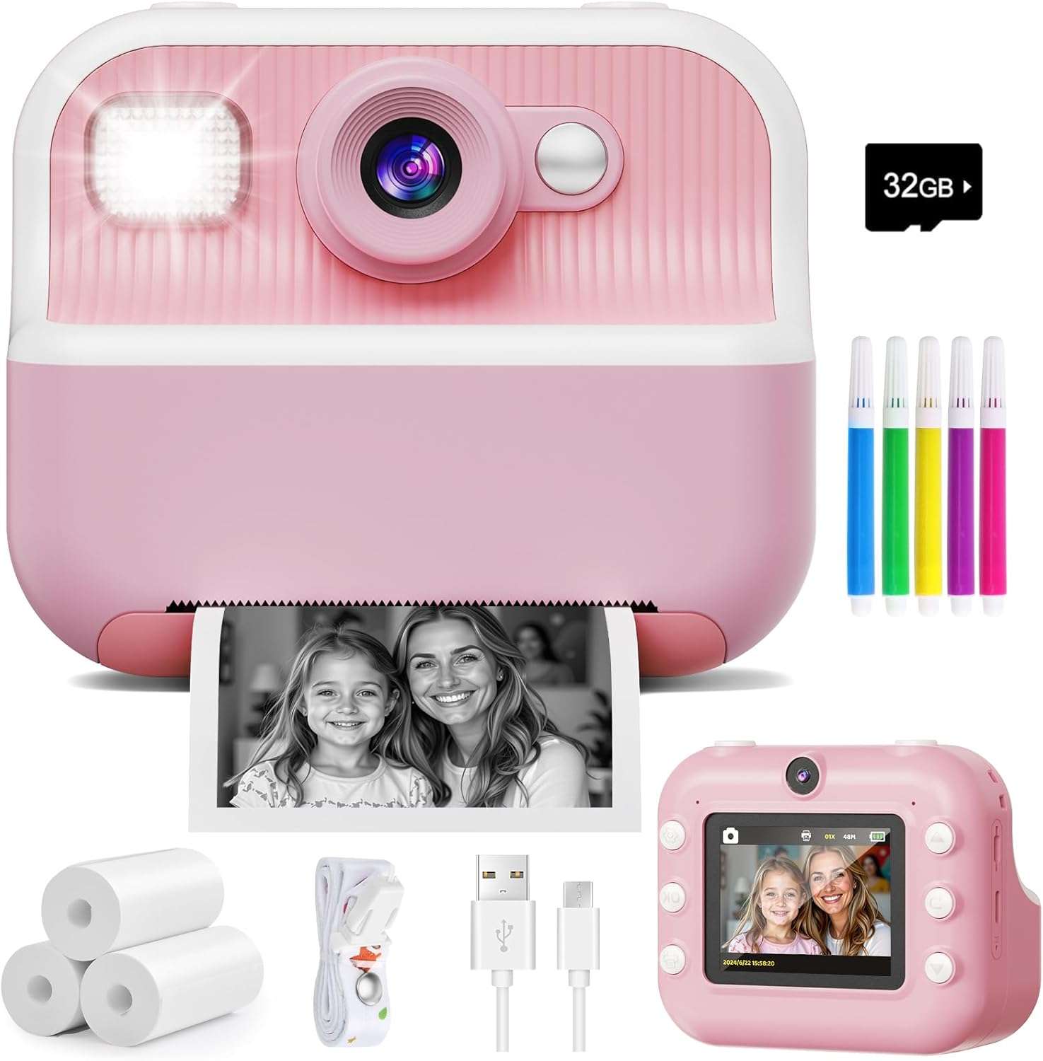 Cámara instantánea para niños con impresión térmica de fotos en blanco y negro y tarjeta de memoria de 32GB incluida.