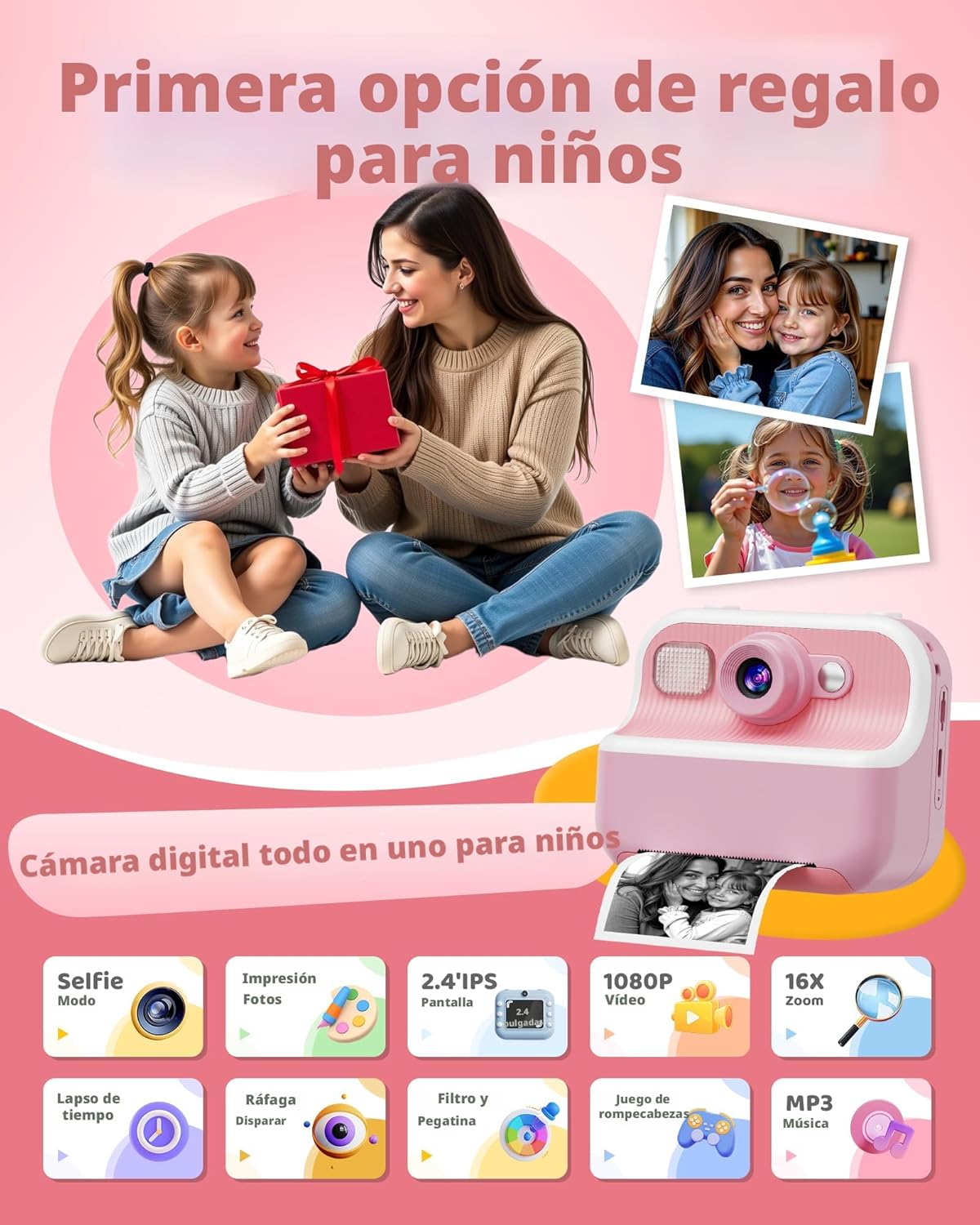 Cámara instantánea para niños con impresión térmica de fotos en blanco y negro y tarjeta de memoria de 32GB incluida.