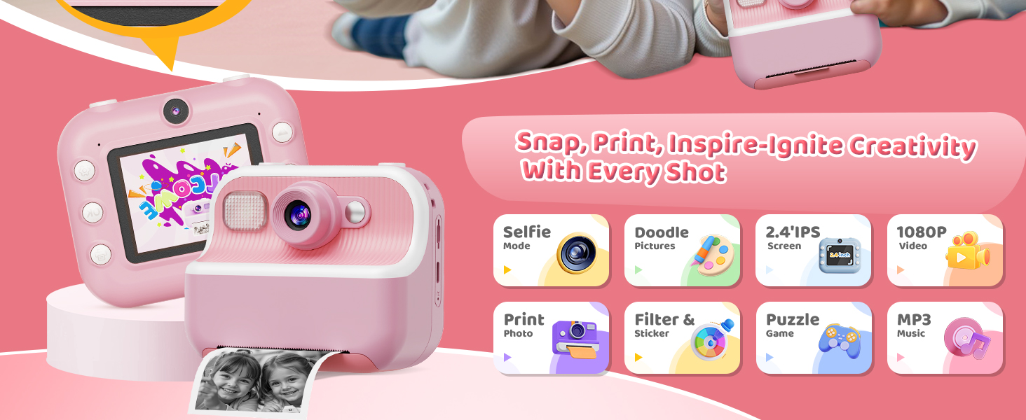Cámara instantánea para niños con impresión térmica de fotos en blanco y negro y tarjeta de memoria de 32GB incluida.