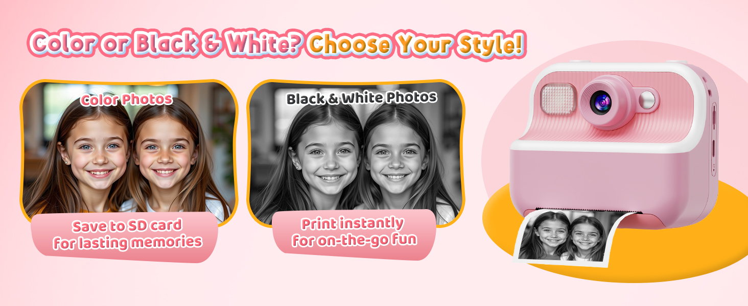 Cámara instantánea para niños con impresión térmica de fotos en blanco y negro y tarjeta de memoria de 32GB incluida.
