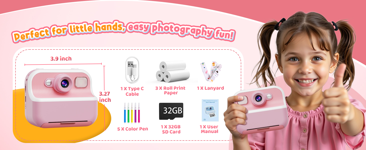 Cámara instantánea para niños con impresión térmica de fotos en blanco y negro y tarjeta de memoria de 32GB incluida.