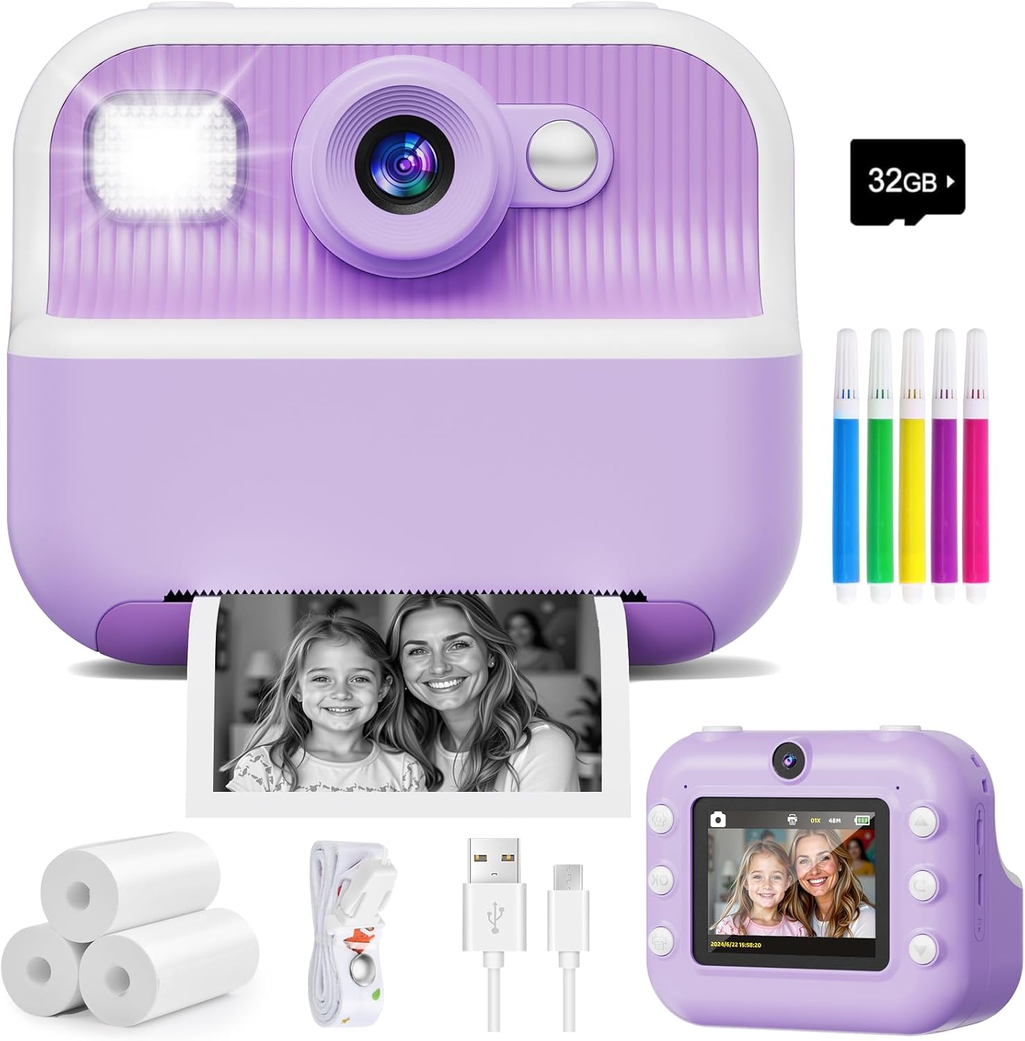 Cámara instantánea para niños con impresión térmica de fotos en blanco y negro y tarjeta de memoria de 32GB incluida.