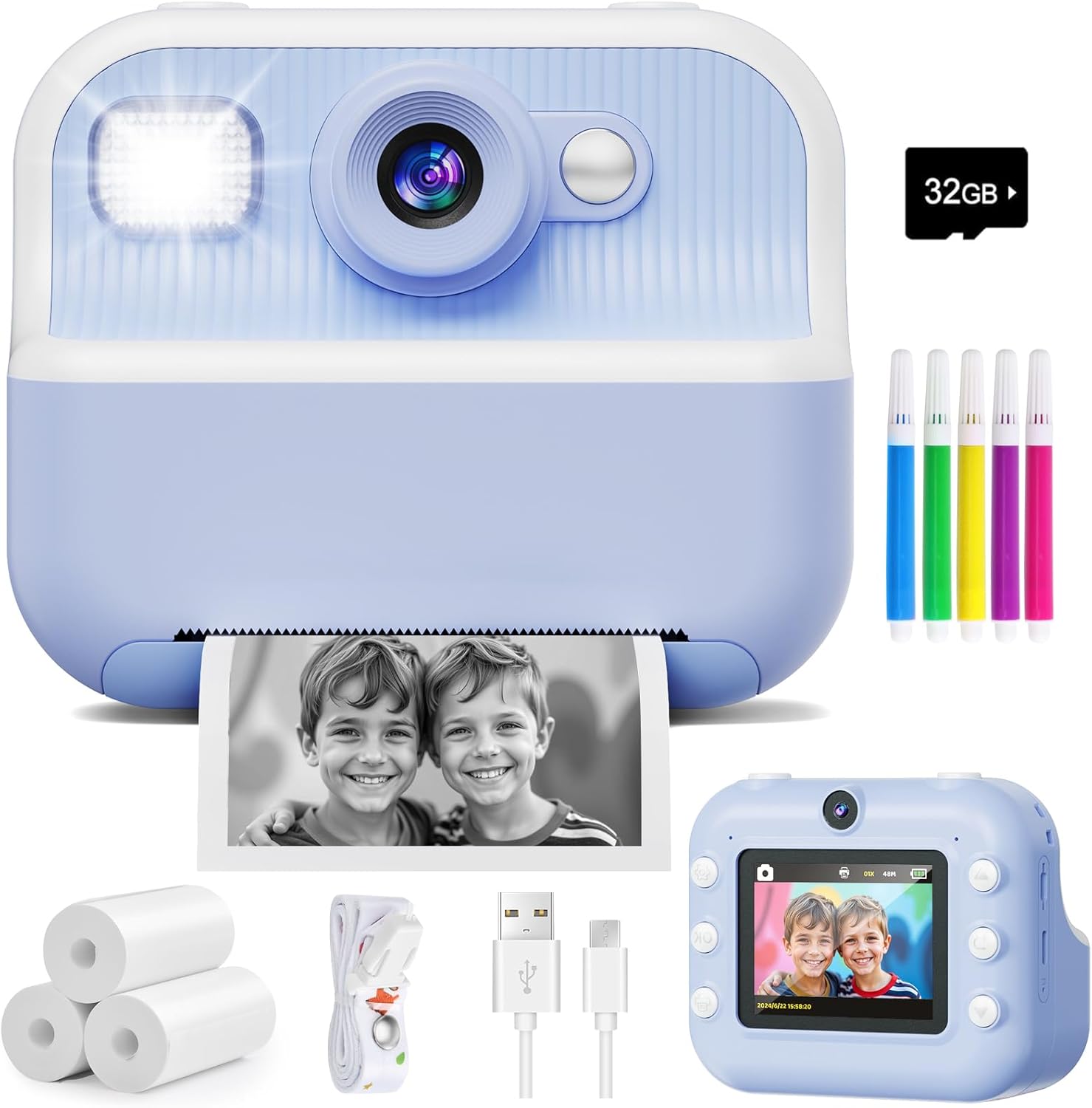 Cámara instantánea para niños con impresión térmica de fotos en blanco y negro y tarjeta de memoria de 32GB incluida.
