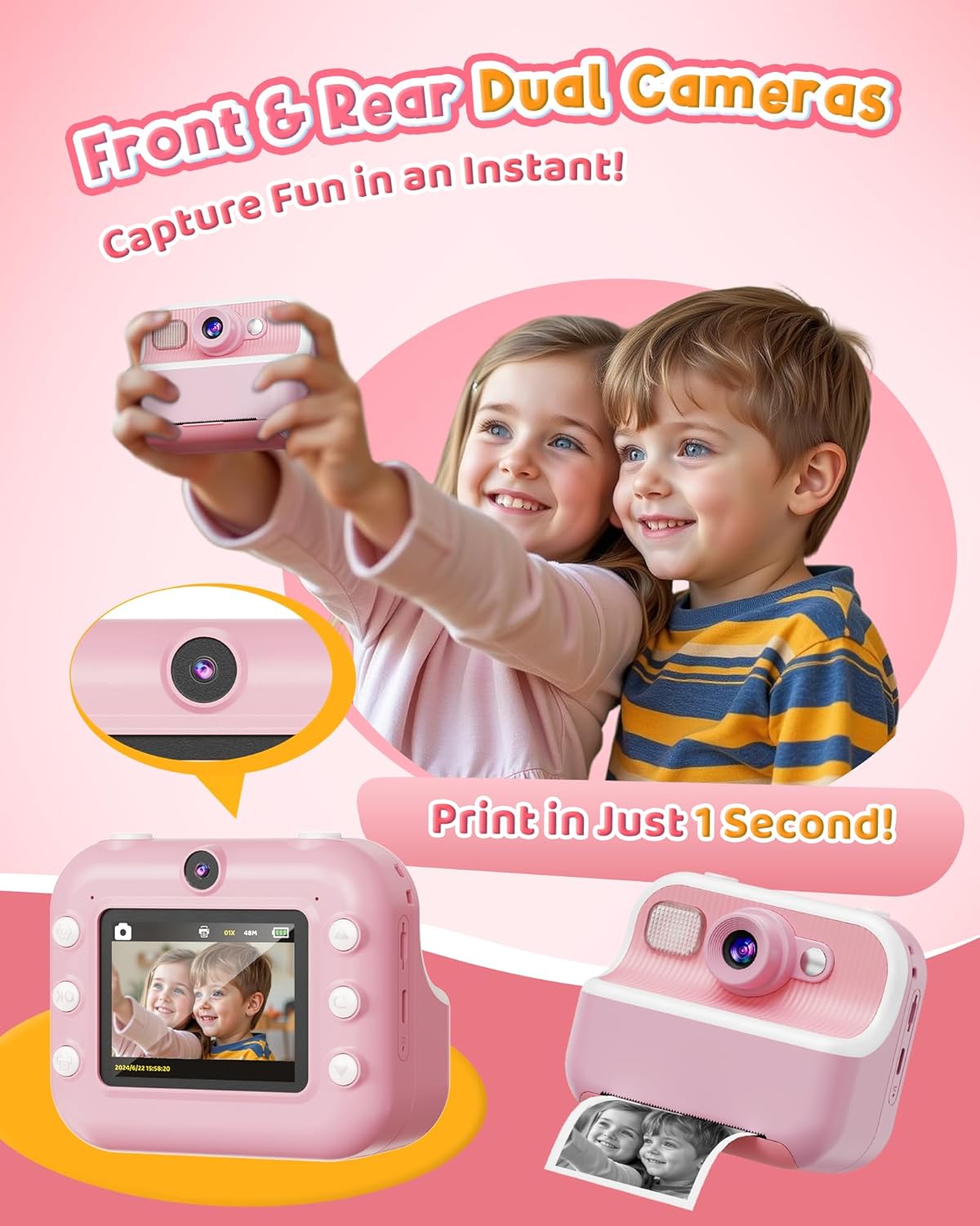 Cámara instantánea para niños con impresión térmica de fotos en blanco y negro y tarjeta de memoria de 32GB incluida.