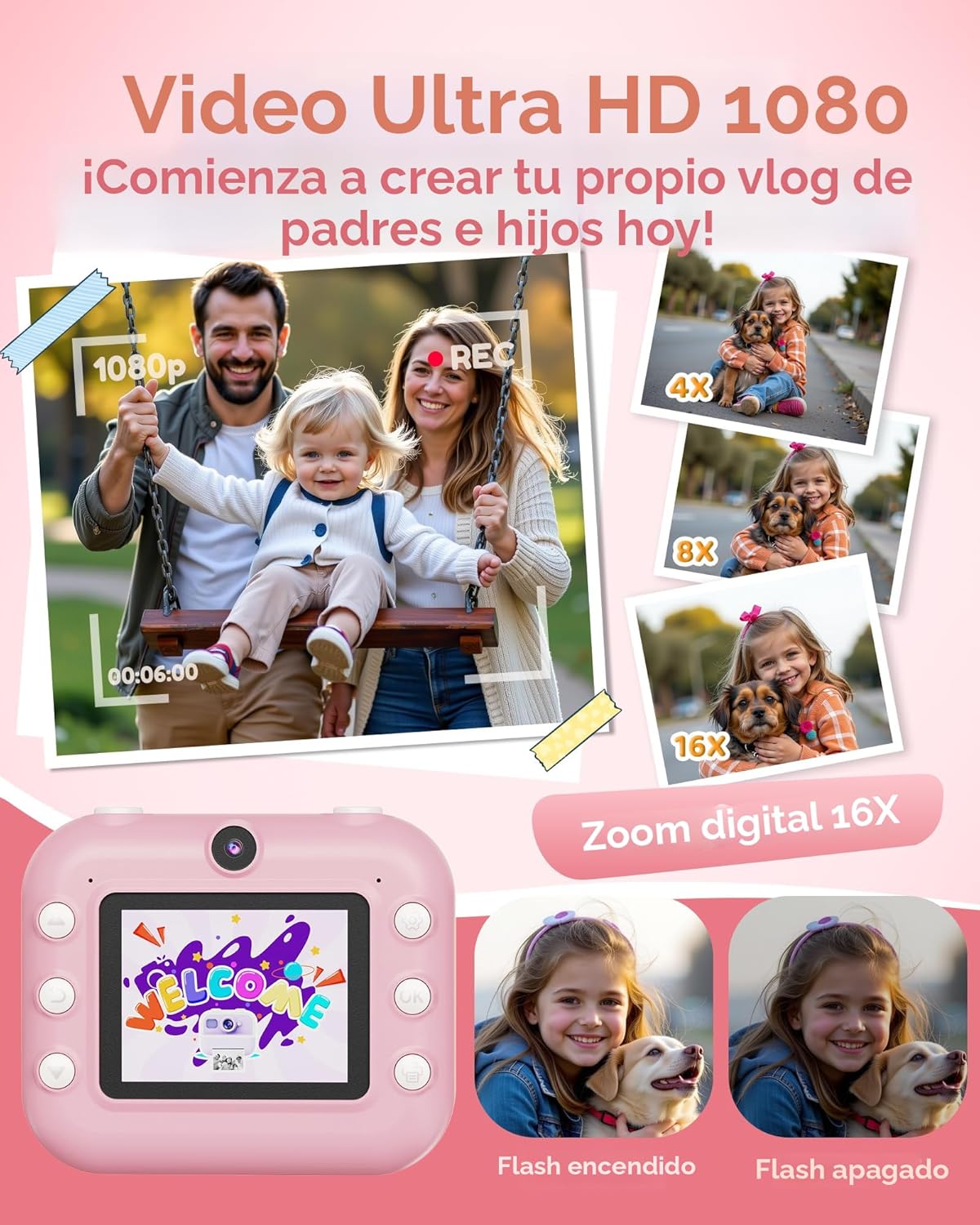 Cámara instantánea para niños con impresión térmica de fotos en blanco y negro y tarjeta de memoria de 32GB incluida.