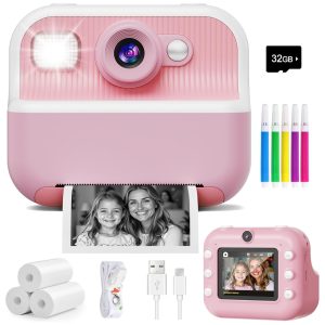Cámara instantánea para niños con impresión térmica de fotos en blanco y negro y tarjeta de memoria de 32GB incluida.