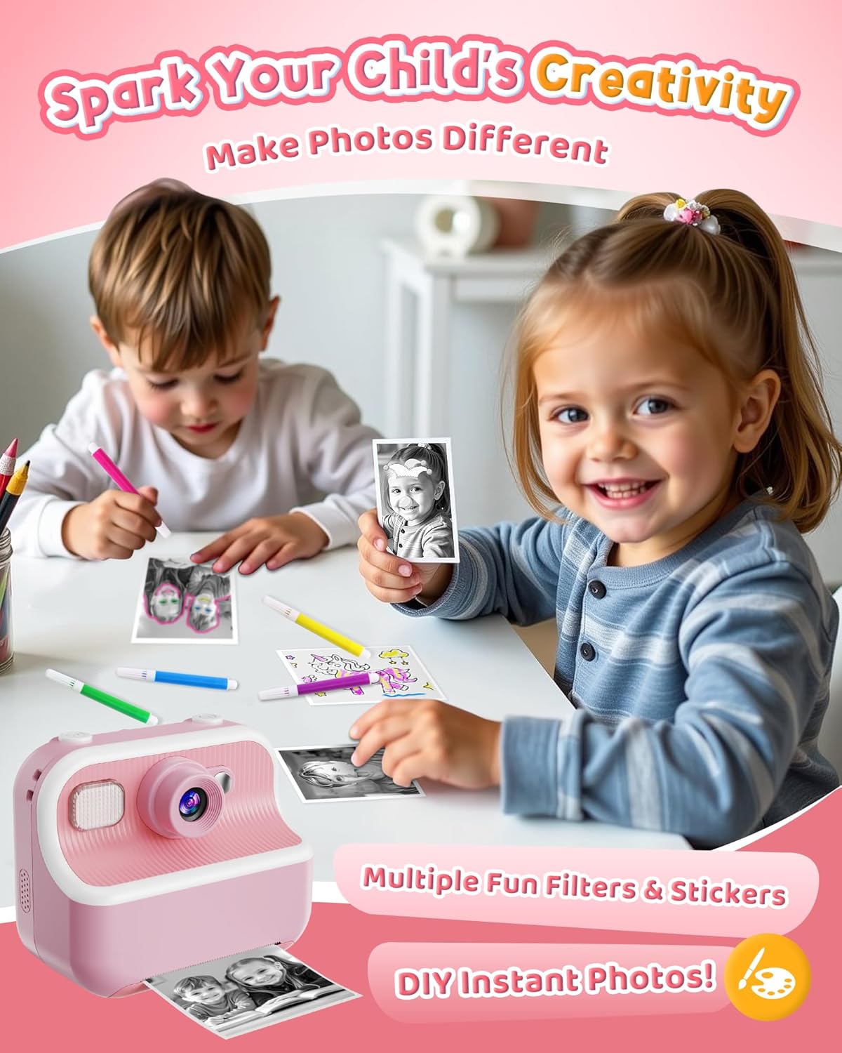 Cámara instantánea para niños con impresión térmica de fotos en blanco y negro y tarjeta de memoria de 32GB incluida.