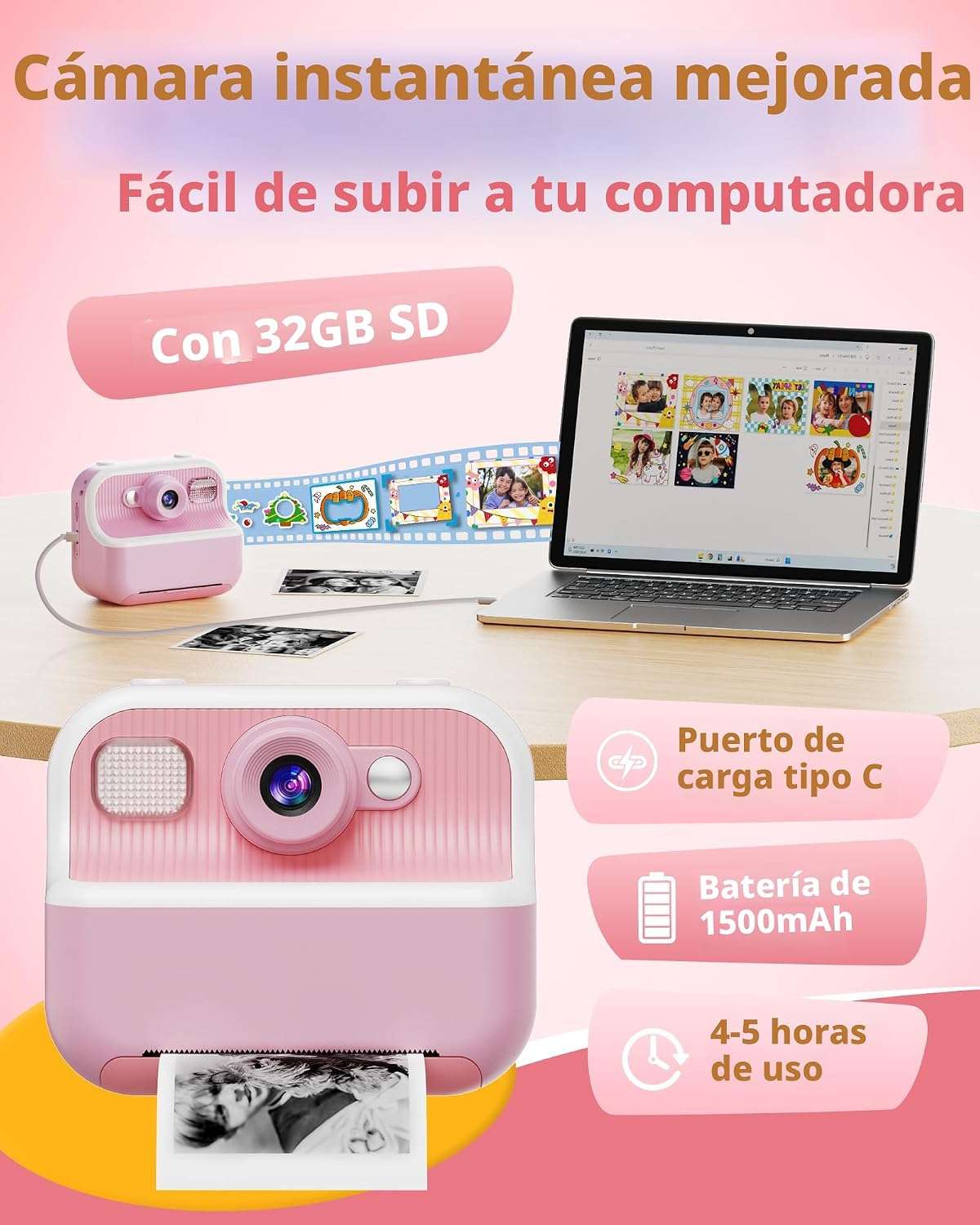 Cámara instantánea para niños con impresión térmica de fotos en blanco y negro y tarjeta de memoria de 32GB incluida.