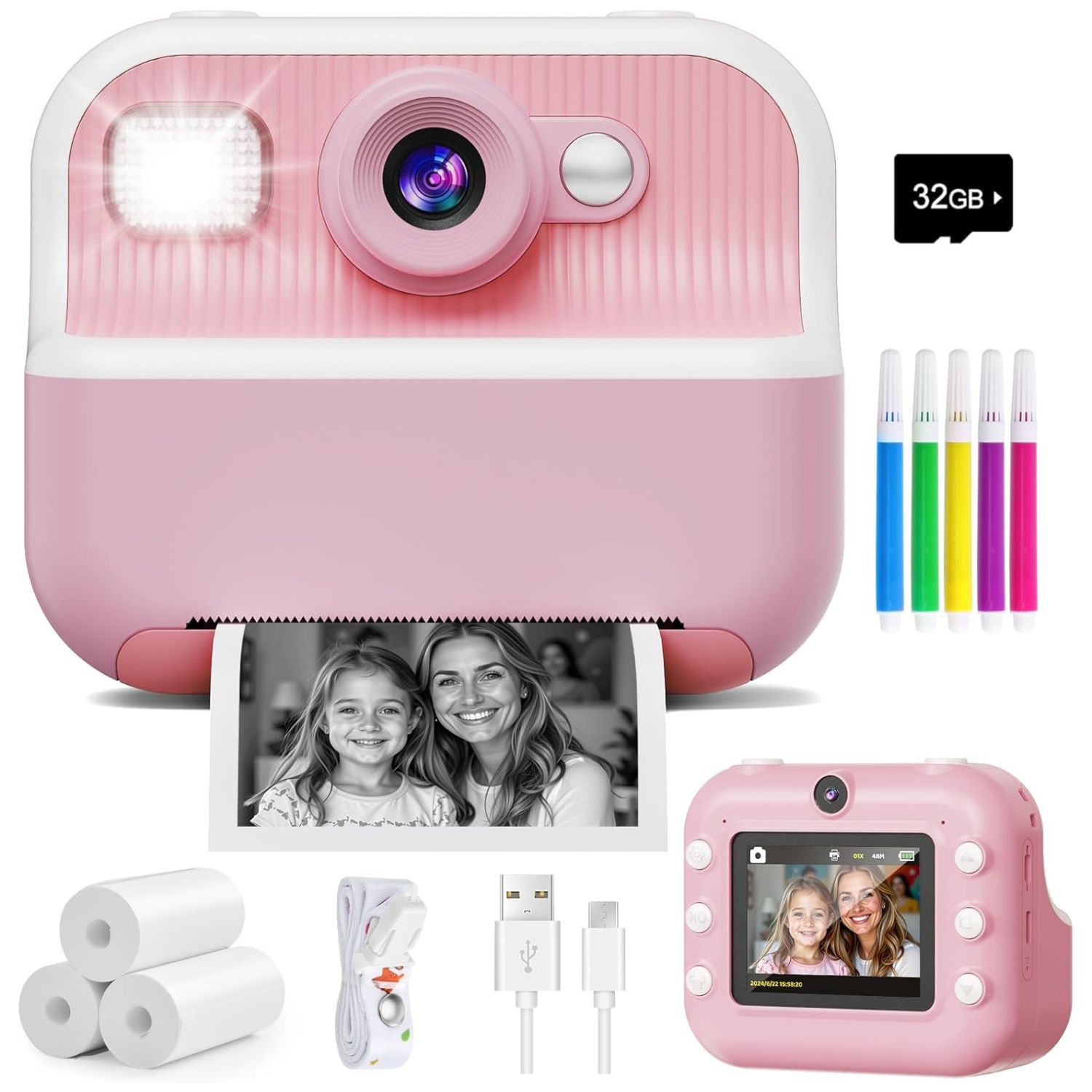 Cámara instantánea para niños con impresión térmica de fotos en blanco y negro y tarjeta de memoria de 32GB incluida.