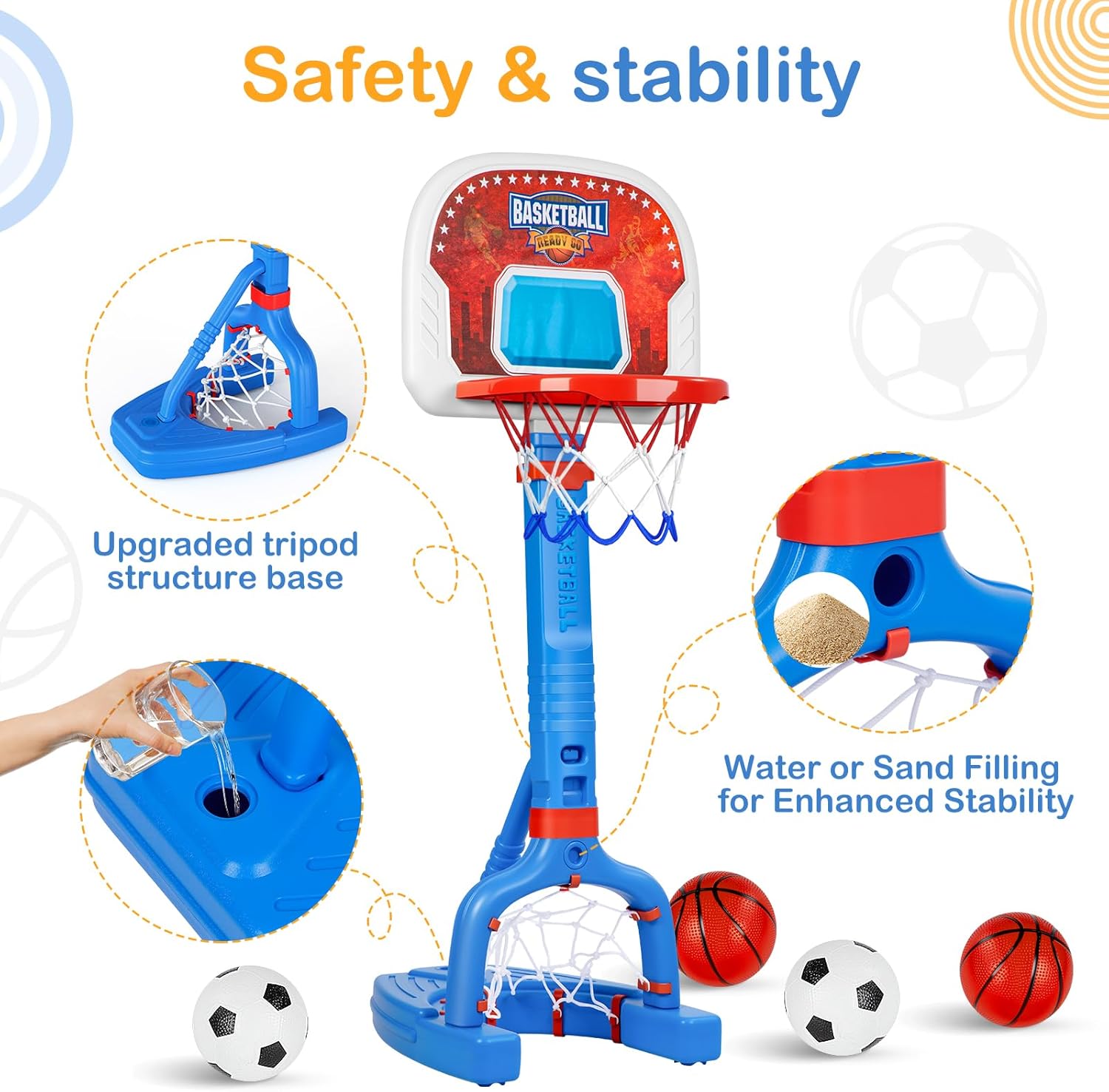 centro deportivo 2 en 1 aro basquetbol arco futbol niños ajustable juguete piscina pack 4 pelotas regalo infantil chile