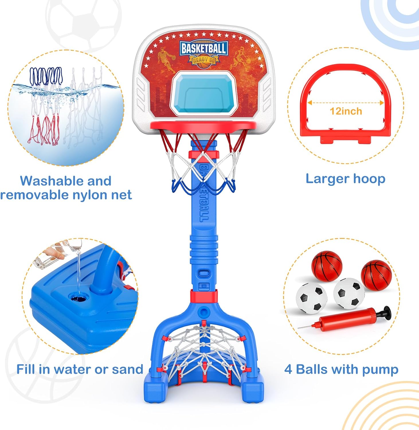 centro deportivo 2 en 1 aro basquetbol arco futbol niños ajustable juguete piscina pack 4 pelotas regalo infantil chile
