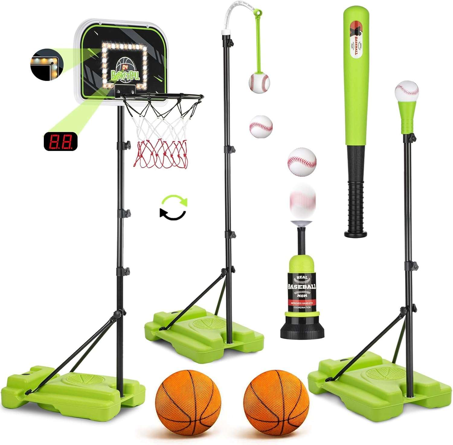 centro deportivo 4 en 1 aro basquetbol beisbol lanzador automatico marcador led juguete niños 3 a 8 años ajustable 180cm chile